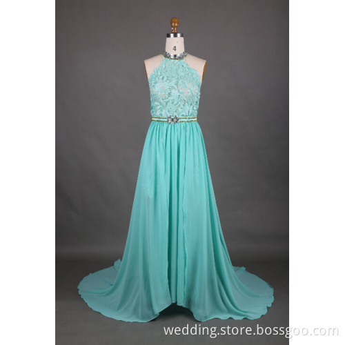 Cheap Chiffon Lace Beaded Halter Evening Dresses